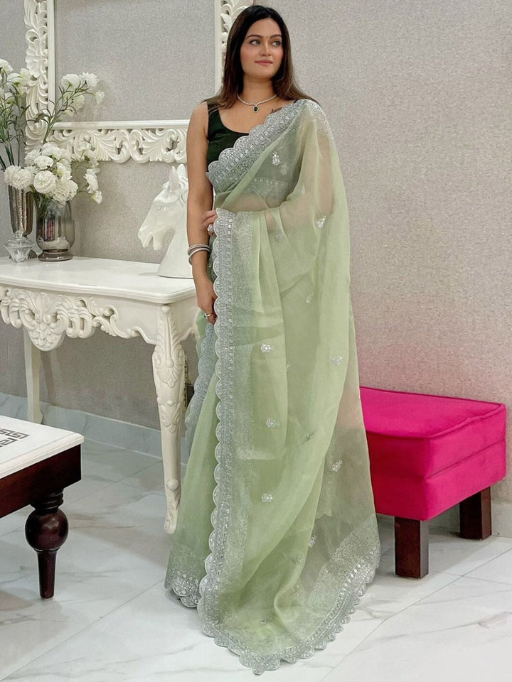 Burburry Silk Beautiful Designer Sequence and Jari Thread Embroidery Work Saree in Sea Green Color - qivii