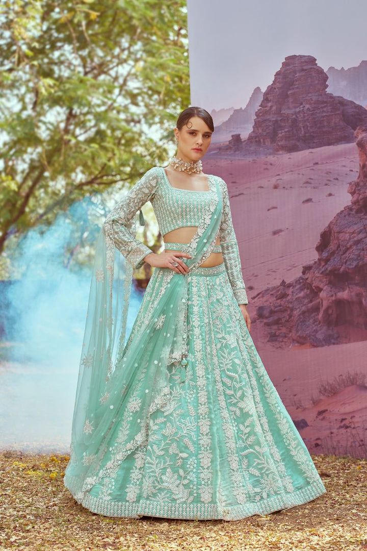 Sea green Organza Sequins embroidery Semi-Stitched Lehenga choli & Dupatta