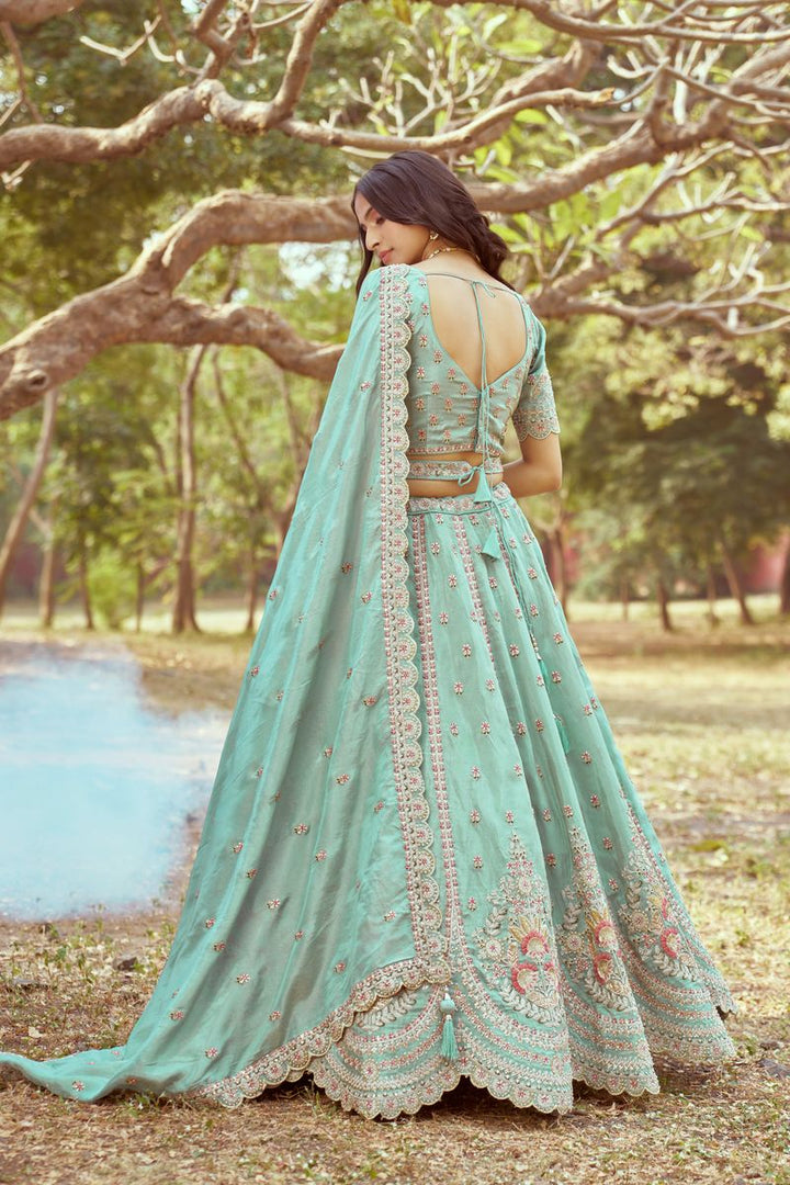 Seagreen Gold crushed Tissue Fabric Moti, Zari work Semi-Stitched Lehenga choli & Dupatta