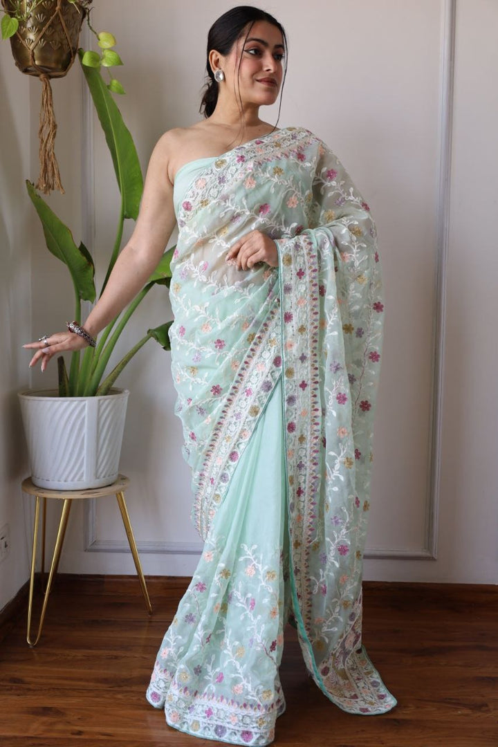 Heavy Butterfly Net Beautiful Mallty Colour Aari Embroidery Work Saree In Sea Green Color - qivii