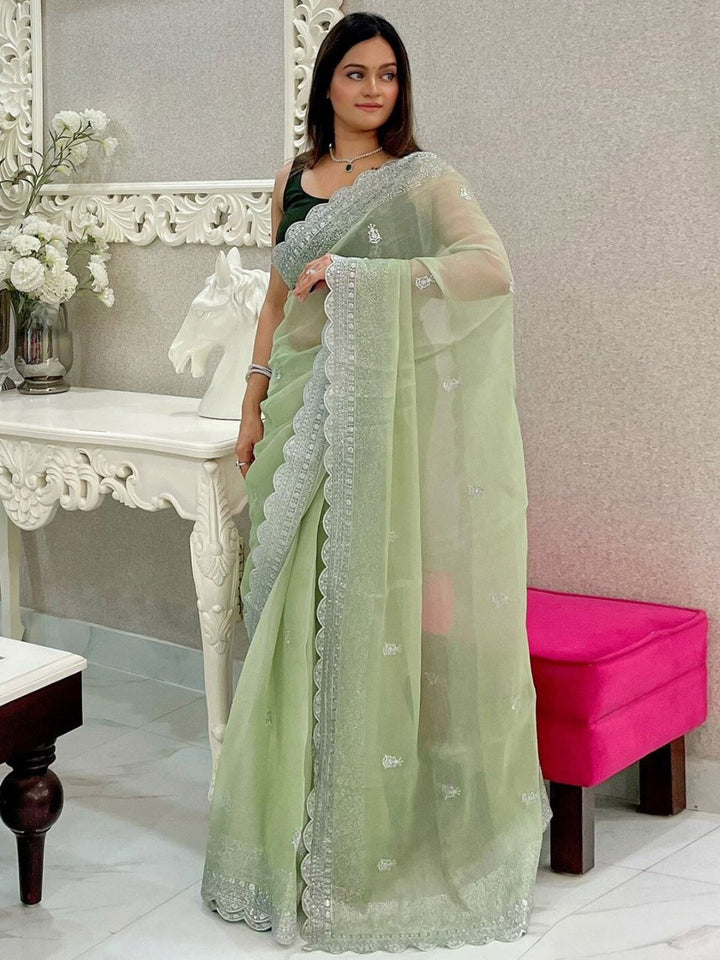 Burburry Silk Beautiful Designer Sequence and Jari Thread Embroidery Work Saree in Sea Green Color - qivii