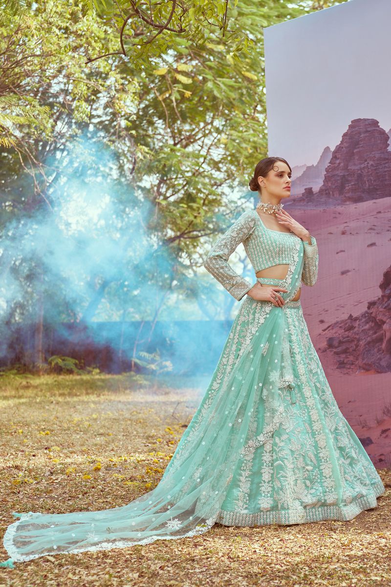 Sea green Organza Sequins embroidery Semi-Stitched Lehenga choli & Dupatta