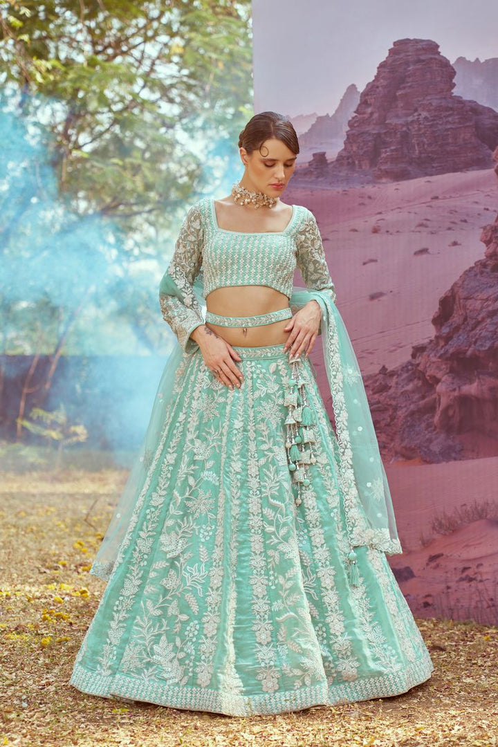 Sea green Organza Sequins embroidery Semi-Stitched Lehenga choli & Dupatta