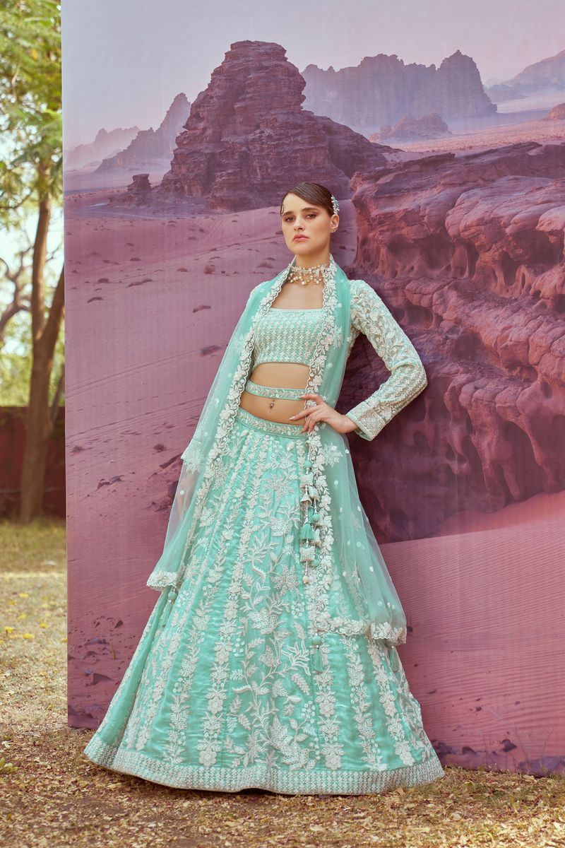 Sea green Organza Sequins embroidery Semi-Stitched Lehenga choli & Dupatta