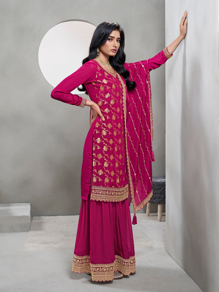 Magenta Jacquard with Embroidery Sharara Suit Set by Qivii