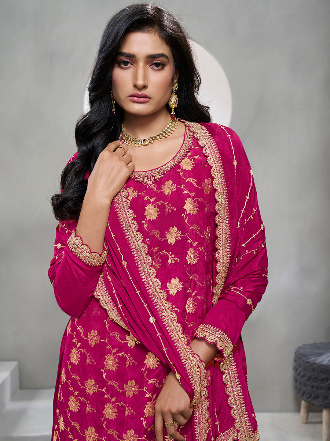 Magenta Jacquard with Embroidery Sharara Suit Set