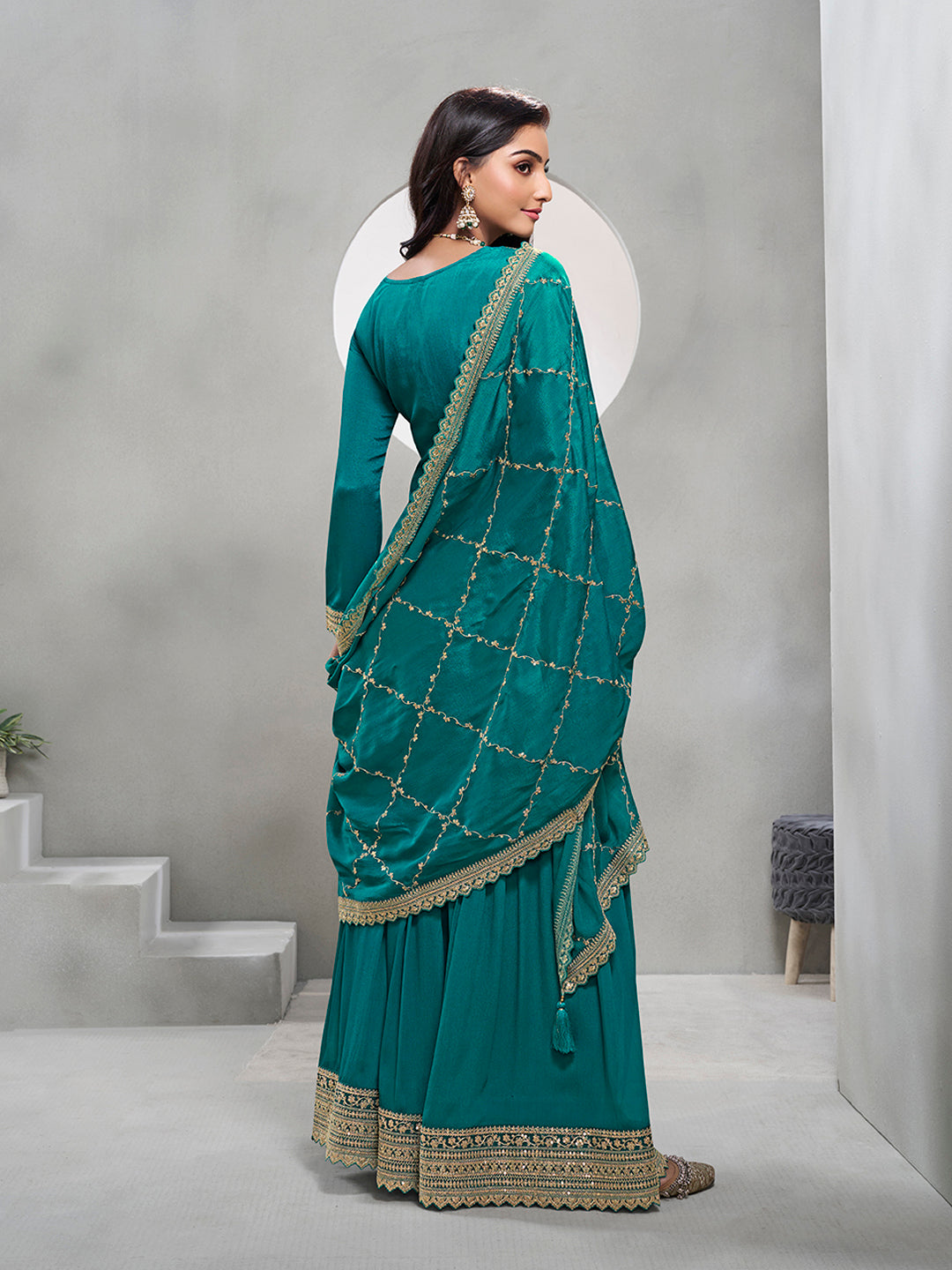 Rama Green Jacquard with Embroidery Sharara Suit Set by Qivii