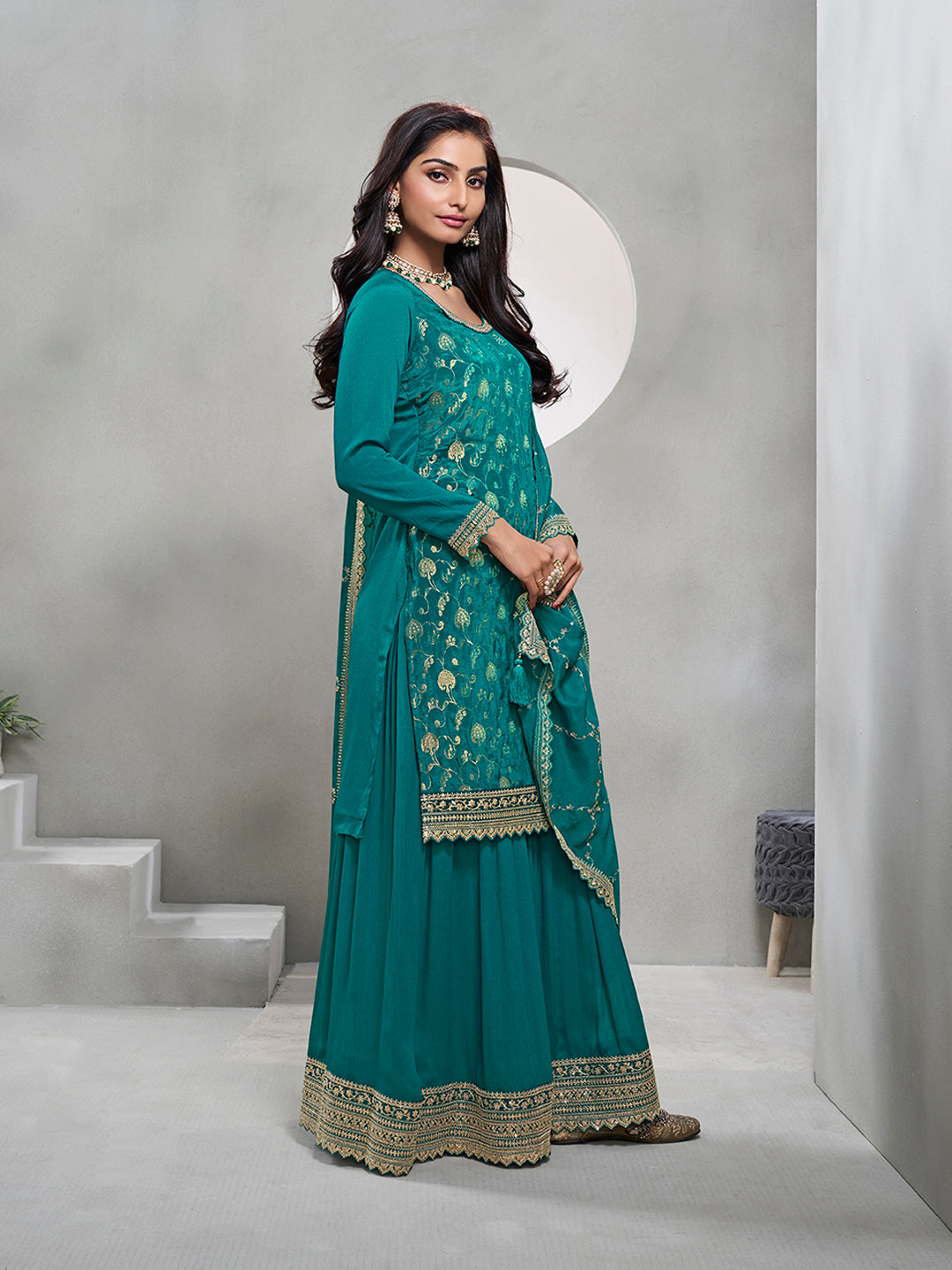 Rama Green Jacquard with Embroidery Sharara Suit Set by Qivii