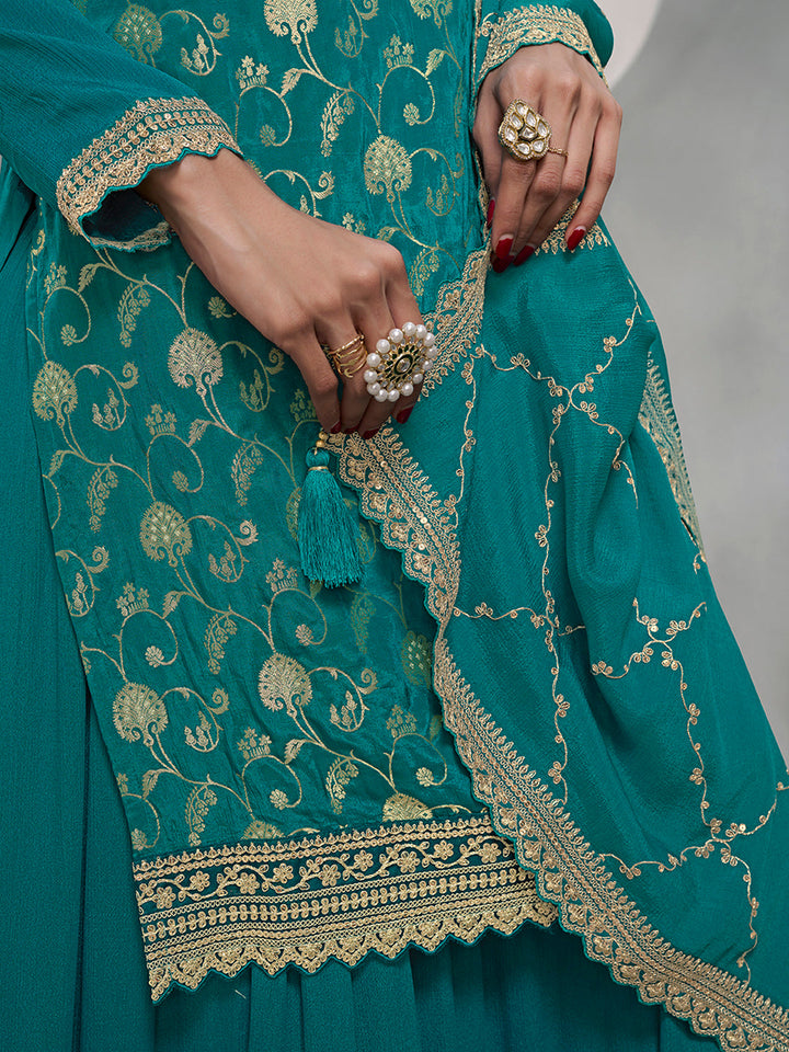 Rama Green Jacquard with Embroidery Sharara Suit Set by Qivii