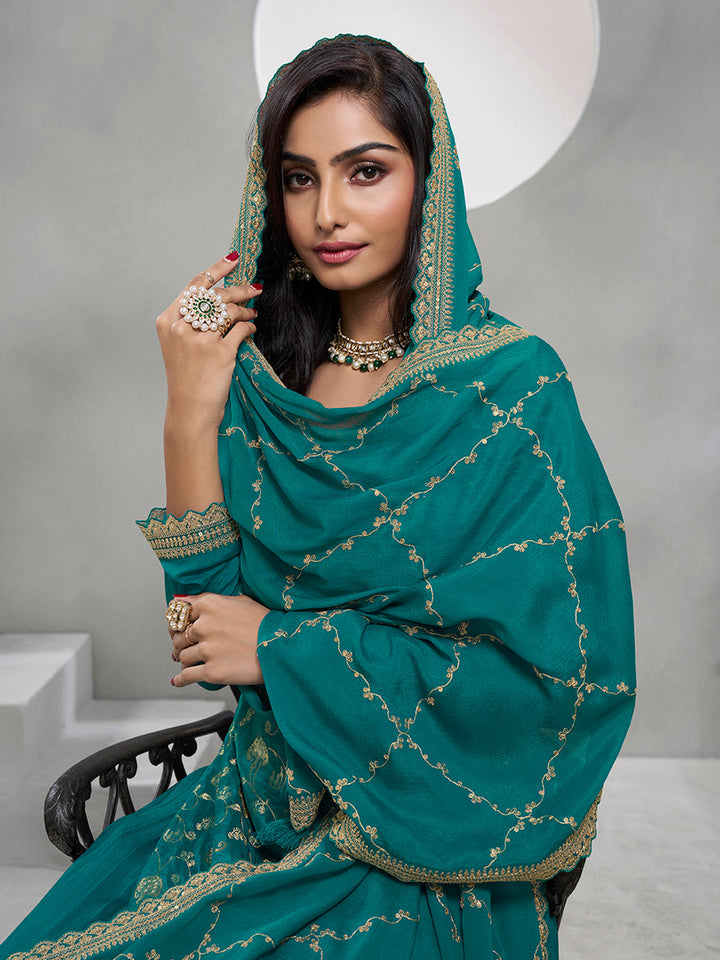 Rama Green Jacquard with Embroidery Sharara Suit Set by Qivii