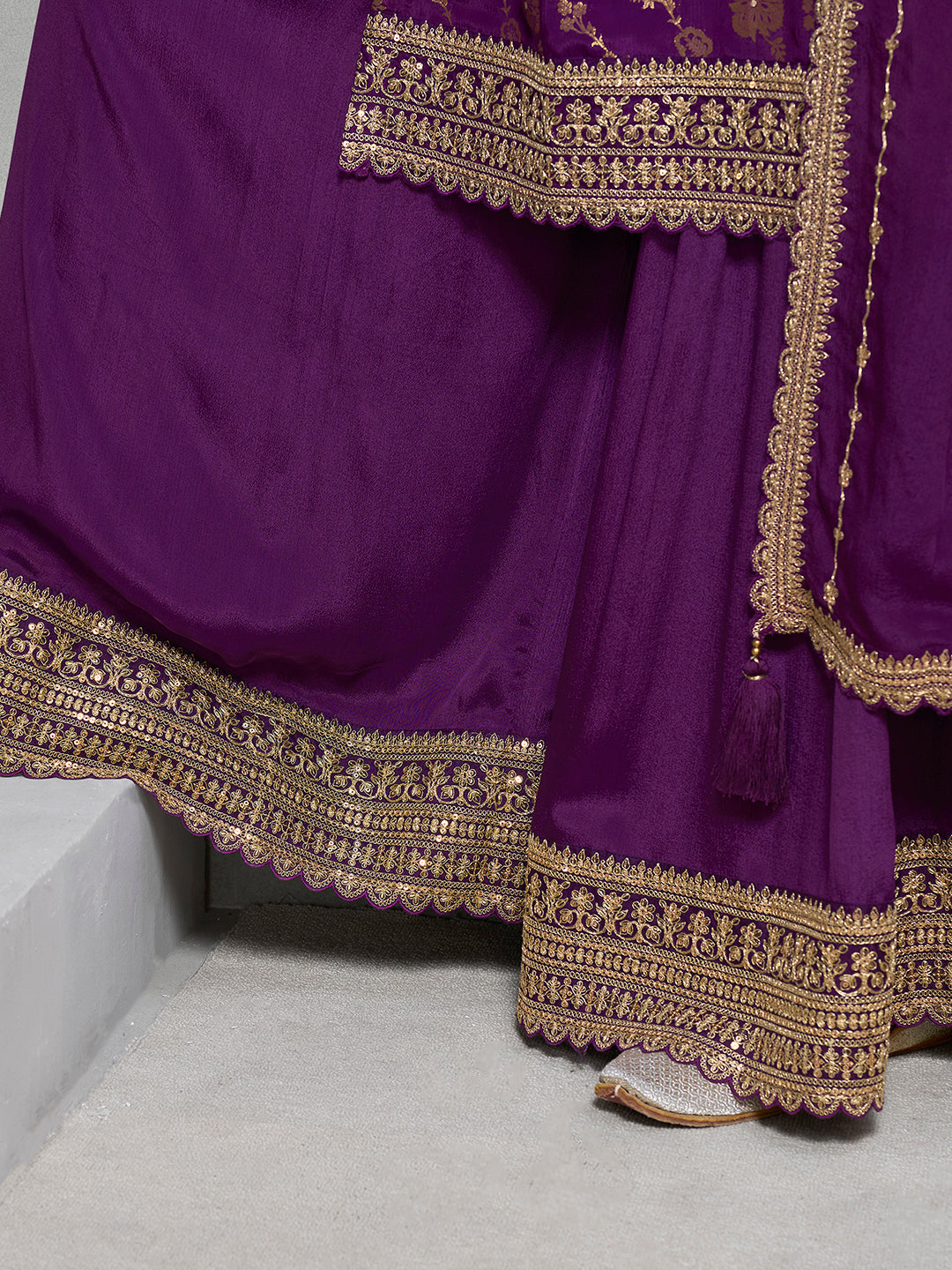 Purple Jacquard with Embroidery Sharara Suit Set by Qivii