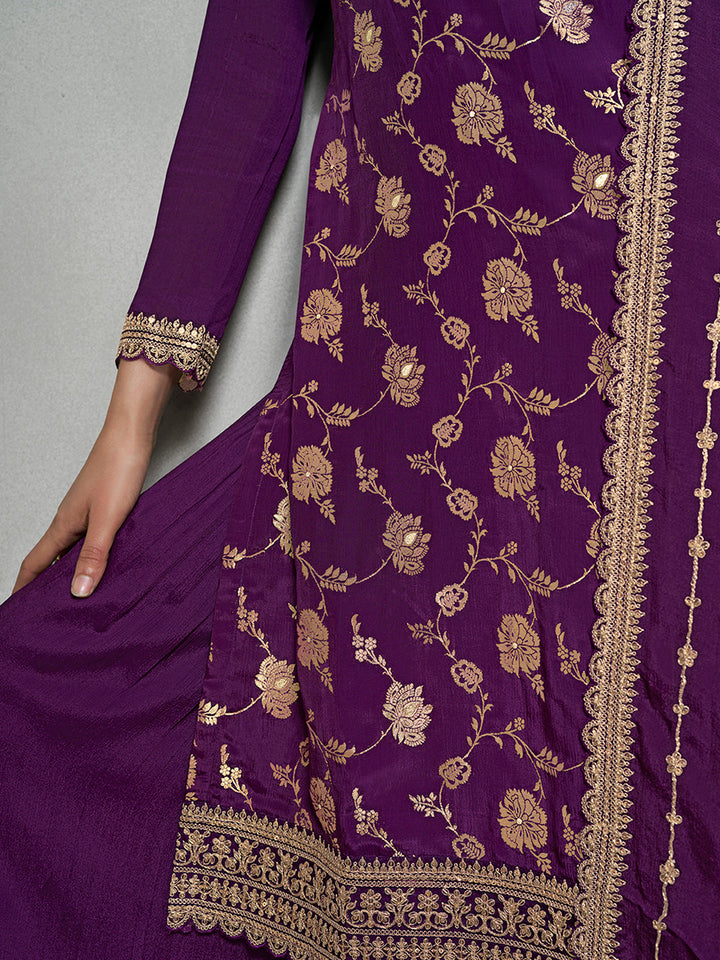 Purple Jacquard with Embroidery Sharara Suit Set by Qivii