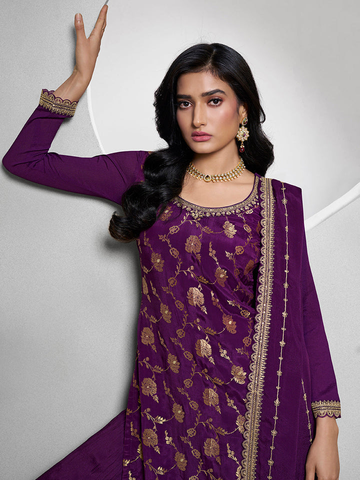 Purple Jacquard with Embroidery Sharara Suit Set by Qivii