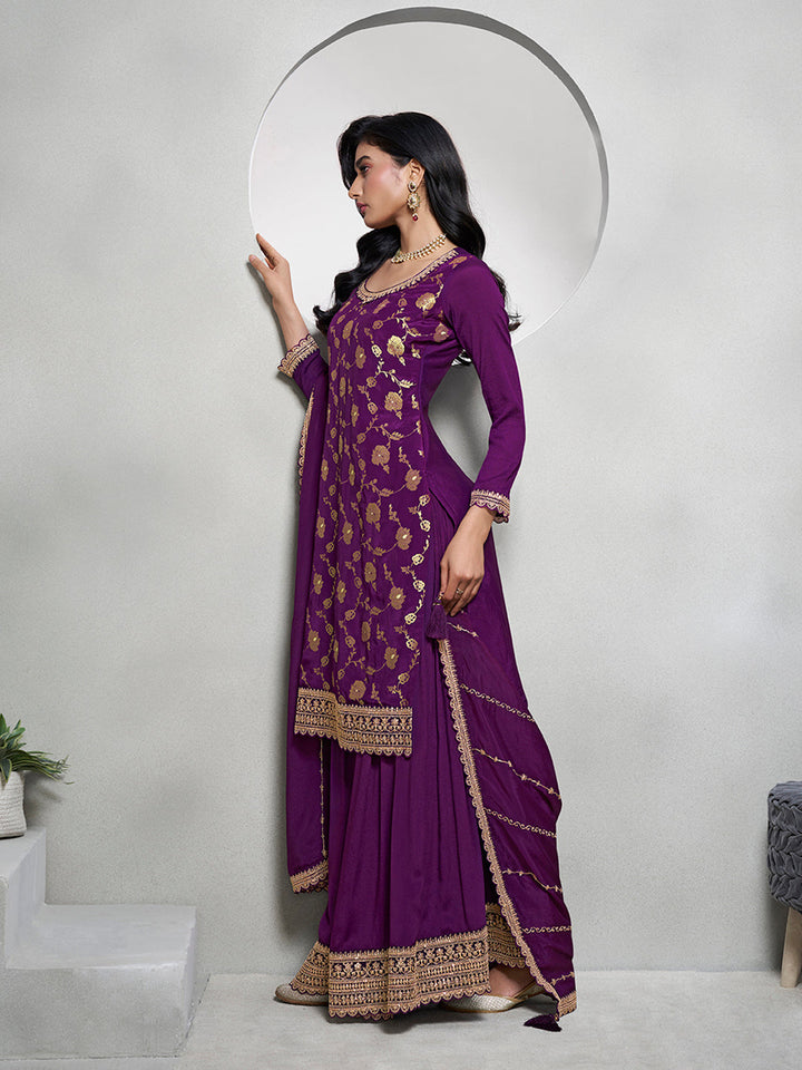 Purple Jacquard with Embroidery Sharara Suit Set by Qivii