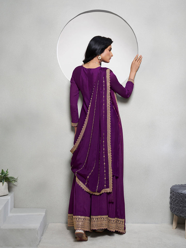 Purple Jacquard with Embroidery Sharara Suit Set by Qivii