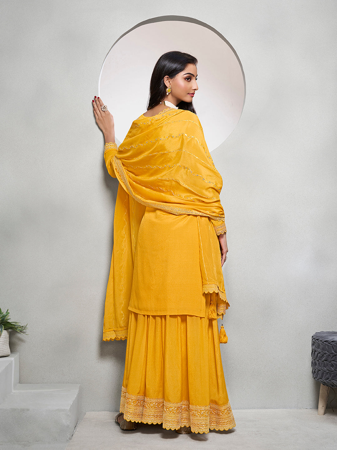 Yellow Jacquard with Embroidery Sharara Suit Set by Qivii