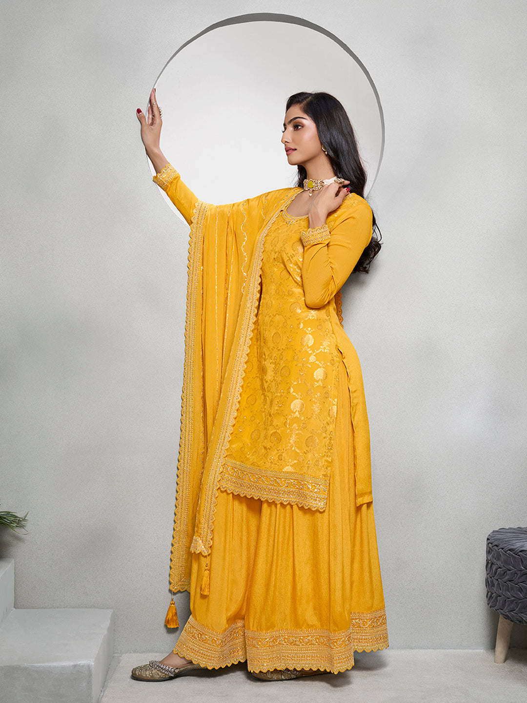 Yellow Jacquard with Embroidery Sharara Suit Set by Qivii