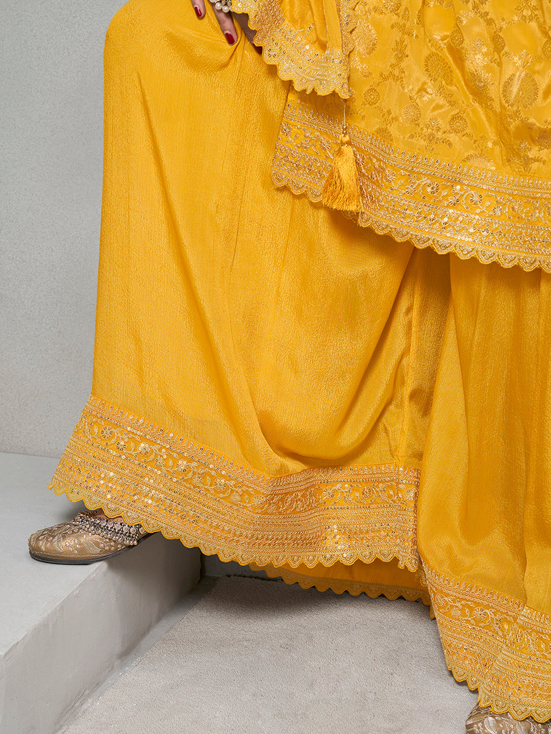 Yellow Jacquard with Embroidery Sharara Suit Set by Qivii