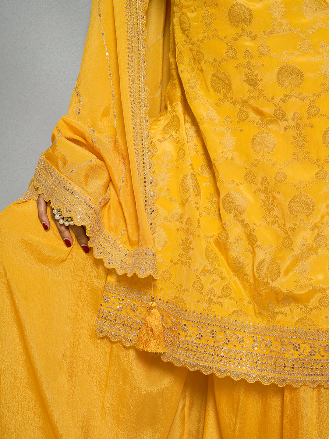 Yellow Jacquard with Embroidery Sharara Suit Set by Qivii