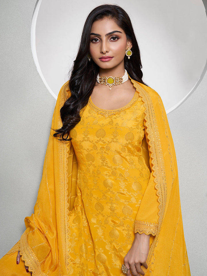 Yellow Jacquard with Embroidery Sharara Suit Set by Qivii