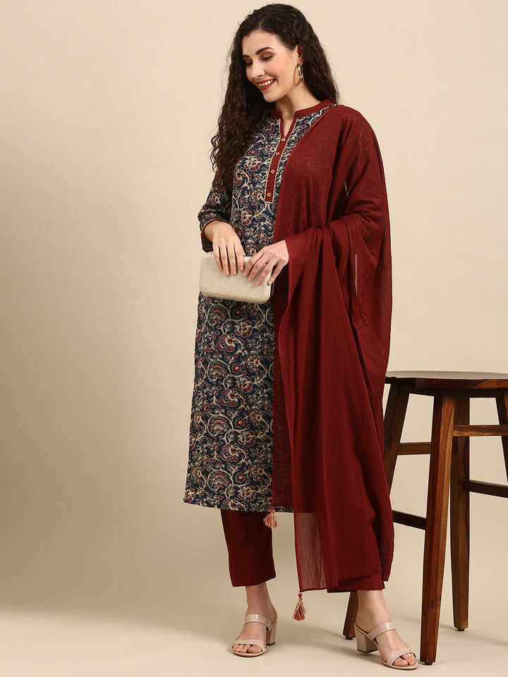 Teal Cotton Floral Print Kurta with Pant and Dupatta  - By Janasya