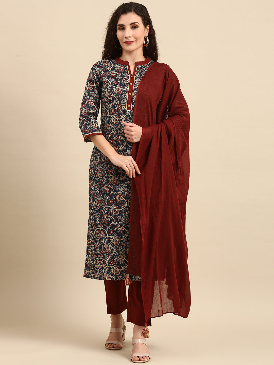 Teal Cotton Floral Print Kurta with Pant and Dupatta  - By Janasya