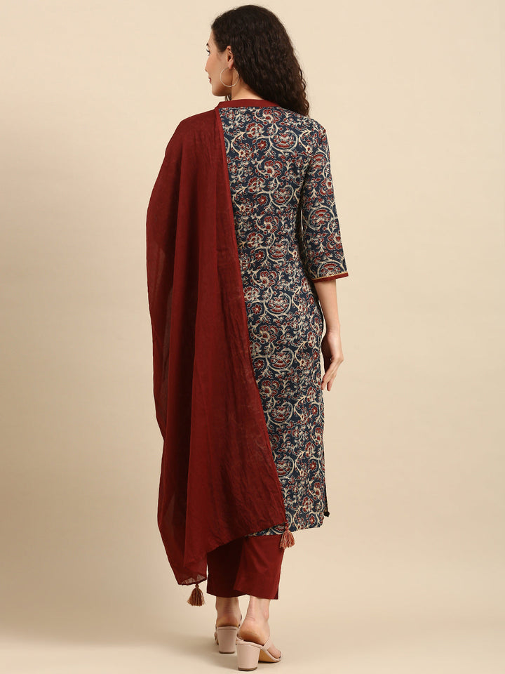 Teal Cotton Floral Print Kurta with Pant and Dupatta  - By Janasya