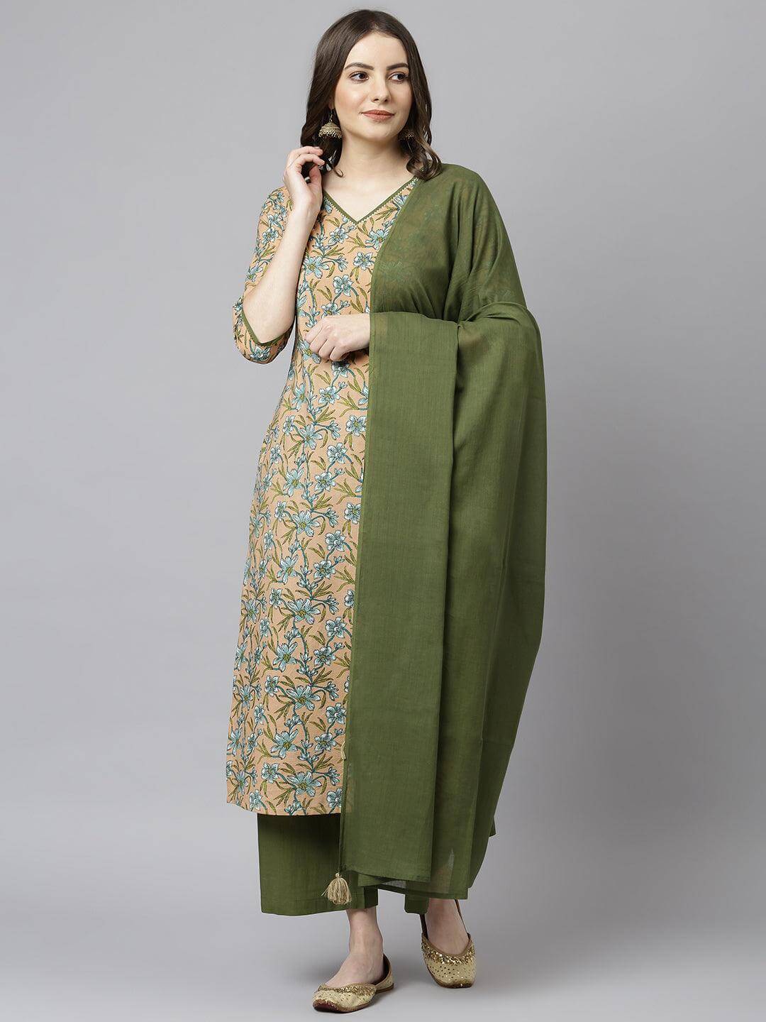 Peach Cotton Floral Print Kurta with Palazzo and Dupatta  - By Janasya