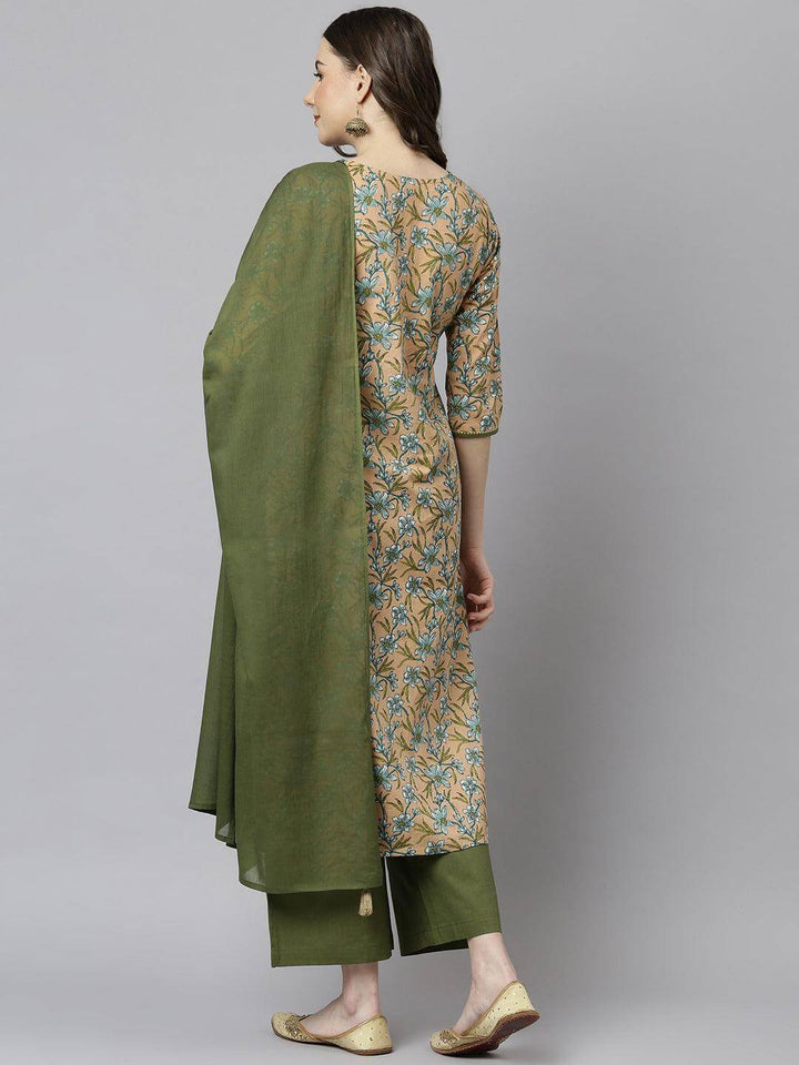 Peach Cotton Floral Print Kurta with Palazzo and Dupatta  - By Janasya