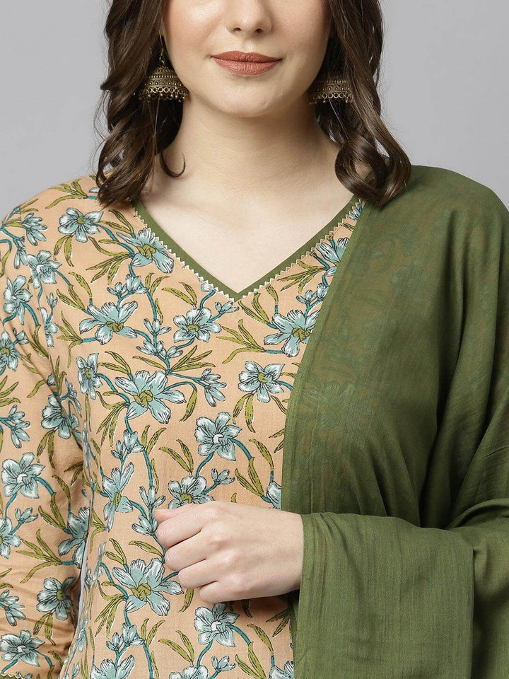 Peach Cotton Floral Print Kurta with Palazzo and Dupatta  - By Janasya