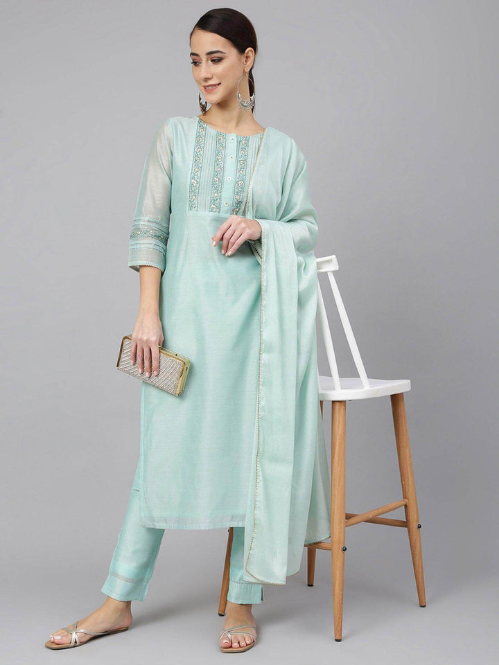 Aqua Chanderi Silk Solid Kurta with Pant and Dupatta  - By Janasya