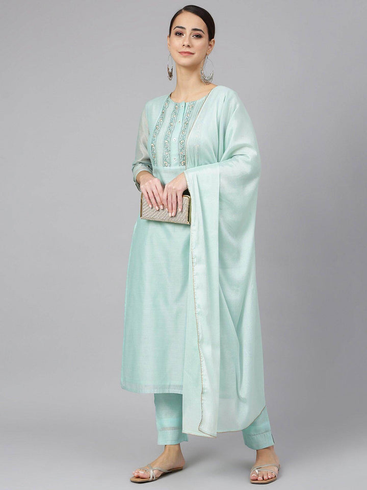 Aqua Chanderi Silk Solid Kurta with Pant and Dupatta  - By Janasya