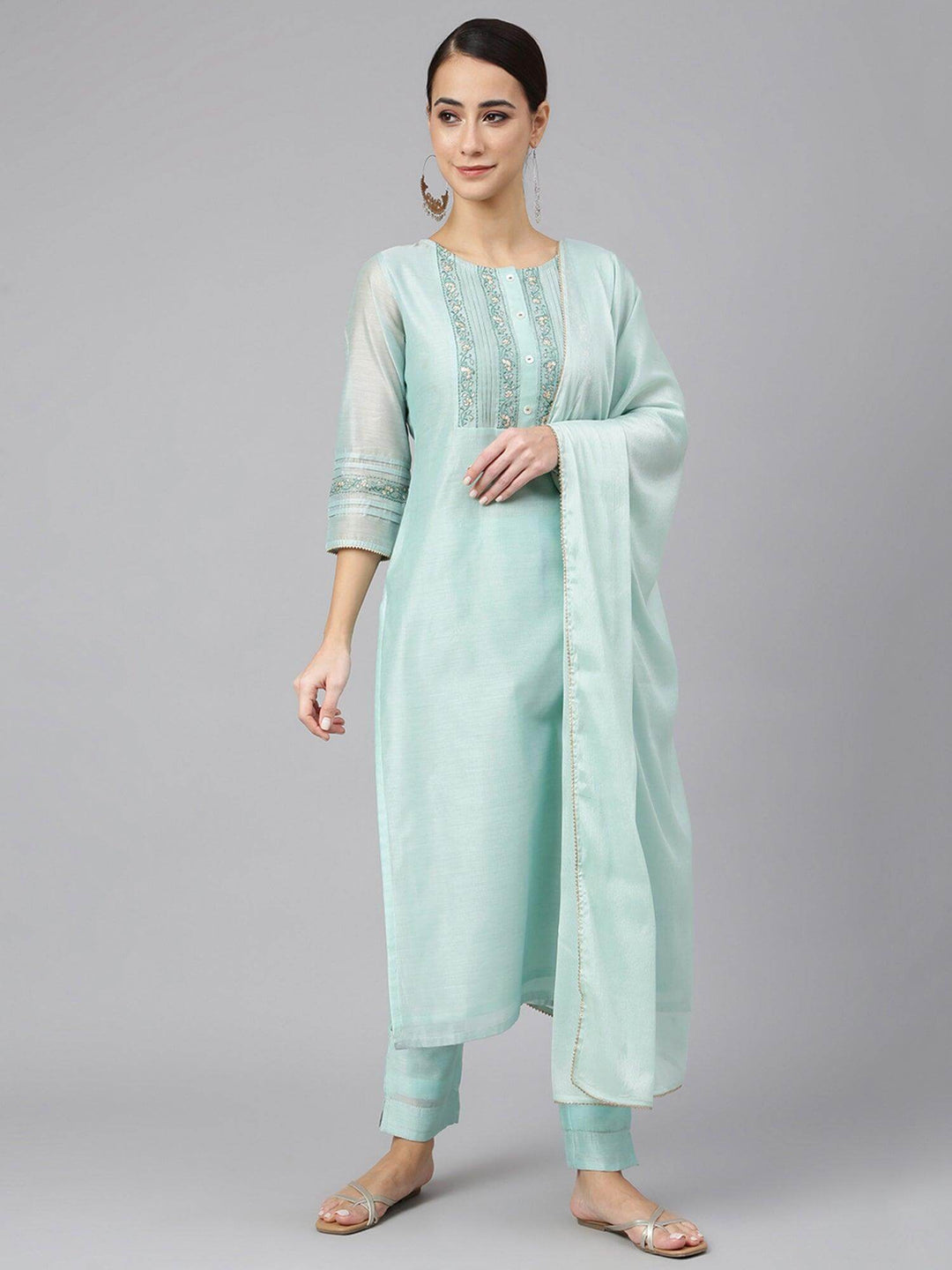 Aqua Chanderi Silk Solid Kurta with Pant and Dupatta  - By Janasya