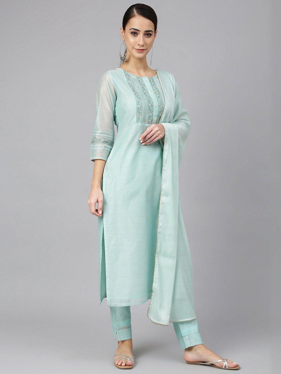 Aqua Chanderi Silk Solid Kurta with Pant and Dupatta  - By Janasya