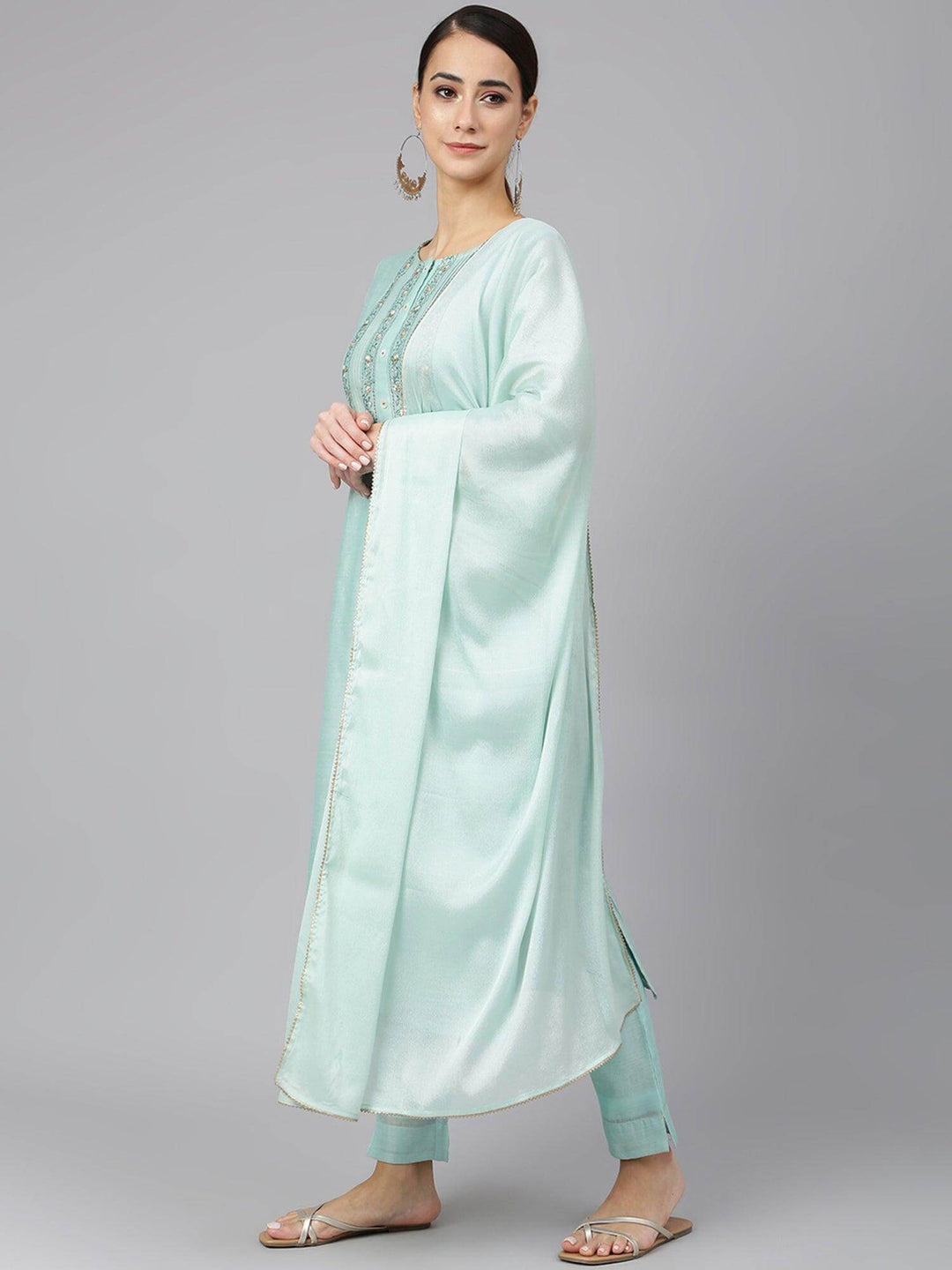 Aqua Chanderi Silk Solid Kurta with Pant and Dupatta  - By Janasya