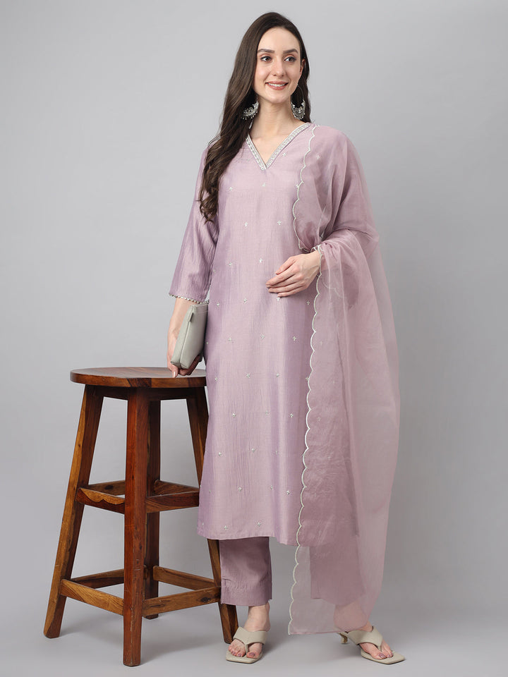 Women's Lavender Chinon Embellished Kurta with Pant and Dupatta  - By Janasya