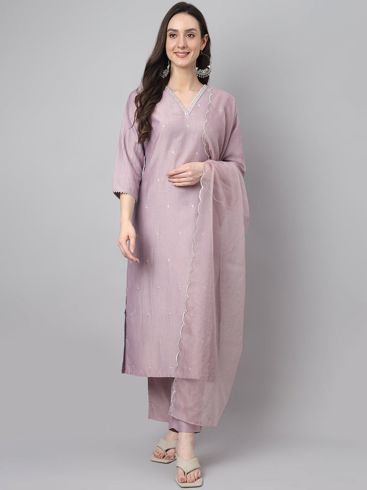 Women's Lavender Chinon Embellished Kurta with Pant and Dupatta  - By Janasya