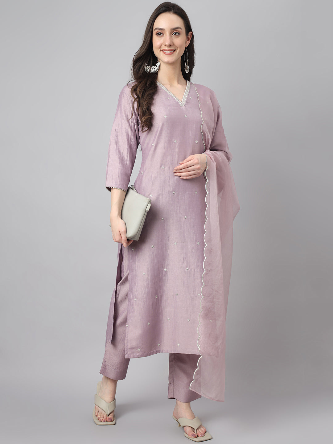 Women's Lavender Chinon Embellished Kurta with Pant and Dupatta  - By Janasya