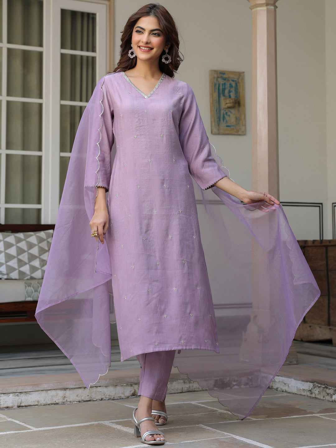 Women's Lavender Chinon Embellished Kurta with Pant and Dupatta - qivii