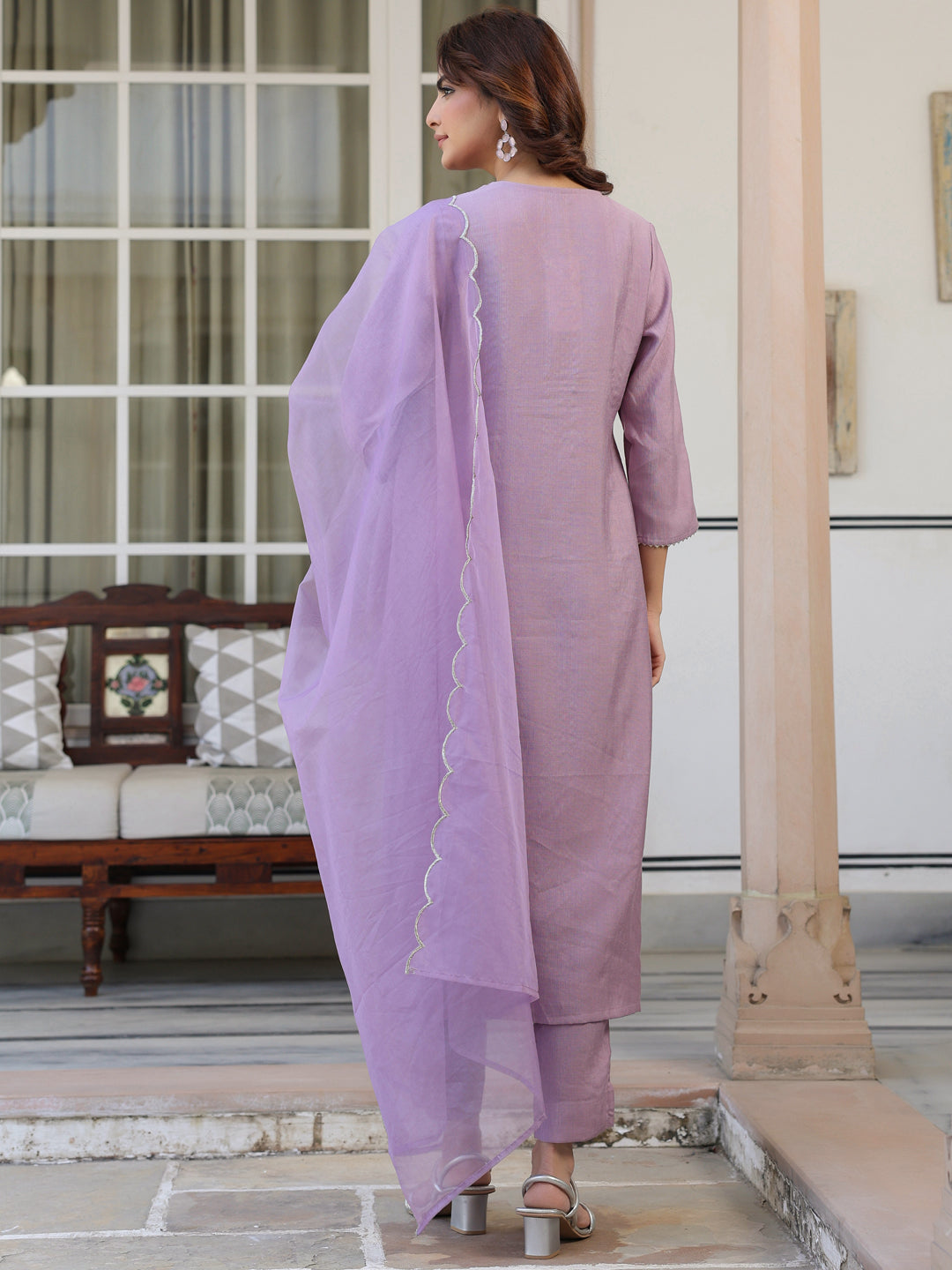 Women's Lavender Chinon Embellished Kurta with Pant and Dupatta - qivii