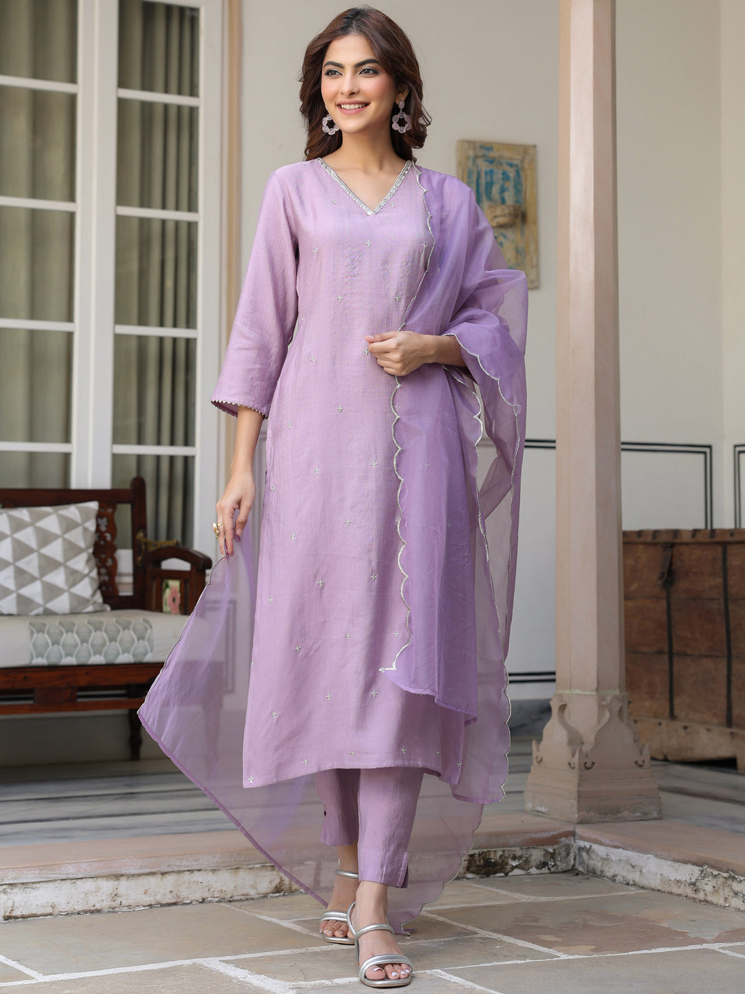 Women's Lavender Chinon Embellished Kurta with Pant and Dupatta - qivii