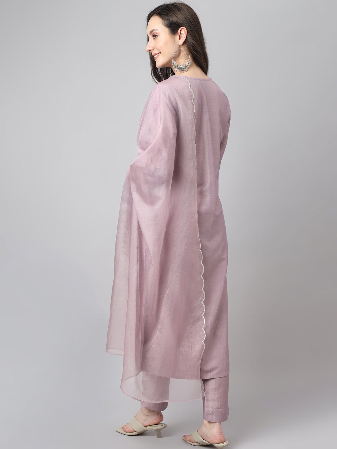 Women's Lavender Chinon Embellished Kurta with Pant and Dupatta  - By Janasya