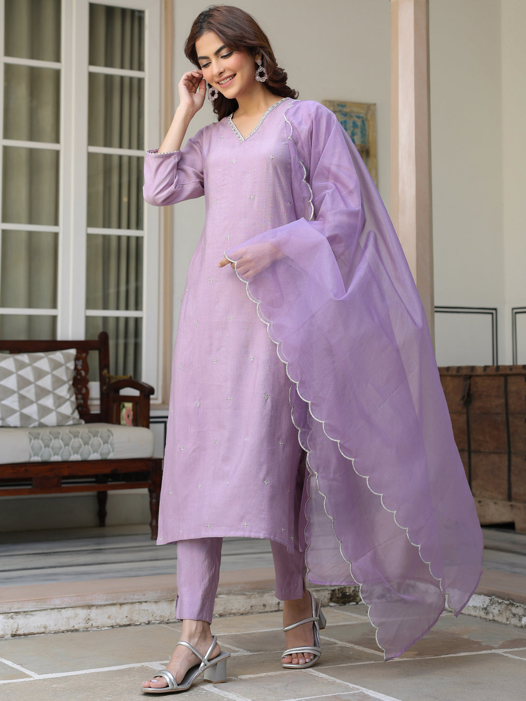 Women's Lavender Chinon Embellished Kurta with Pant and Dupatta - qivii