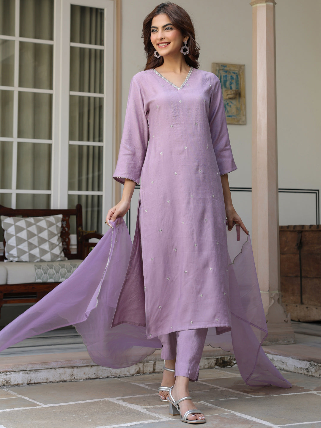 Women's Lavender Chinon Embellished Kurta with Pant and Dupatta - qivii