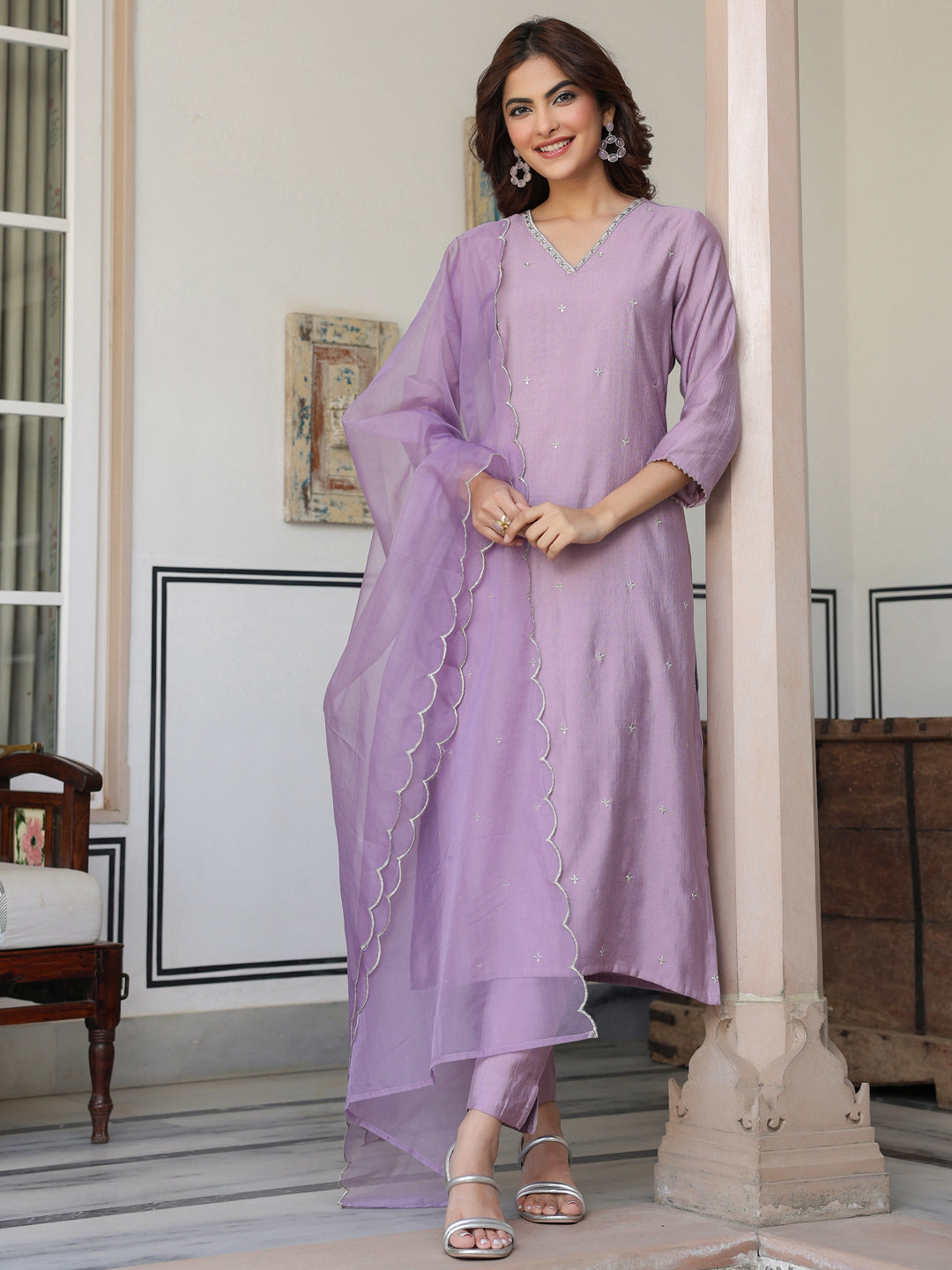 Women's Lavender Chinon Embellished Kurta with Pant and Dupatta - qivii