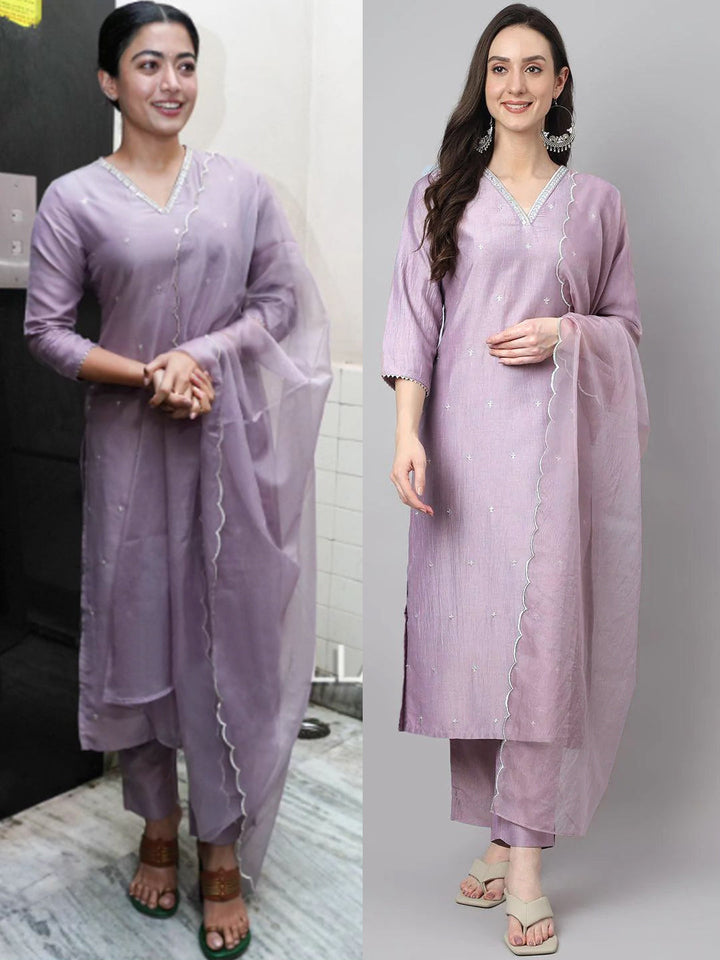 Women's Lavender Chinon Embellished Kurta with Pant and Dupatta  - By Janasya