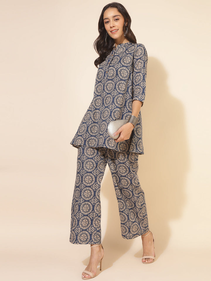 Blue Cotton Ethnic Motifs Tunic with Palazzo  - By Janasya