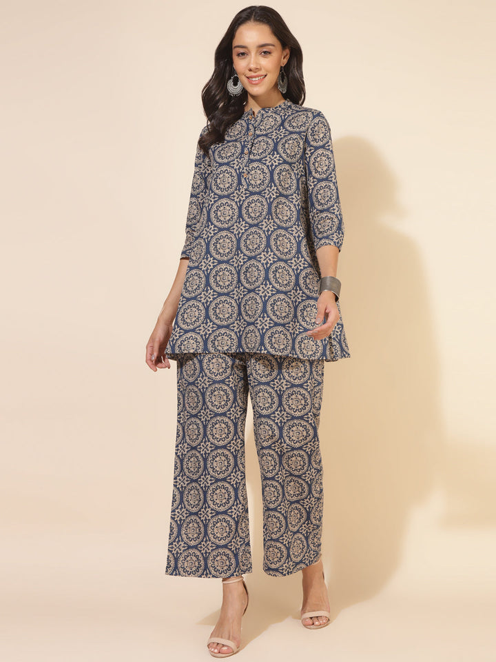 Blue Cotton Ethnic Motifs Tunic with Palazzo  - By Janasya