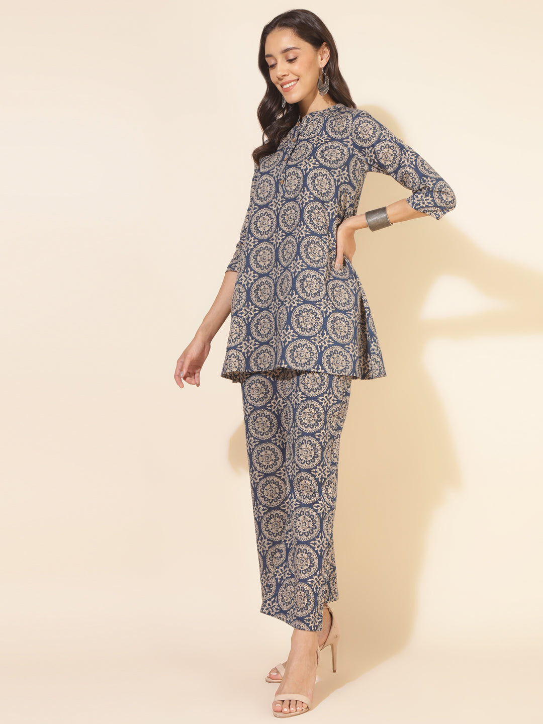 Blue Cotton Ethnic Motifs Tunic with Palazzo  - By Janasya