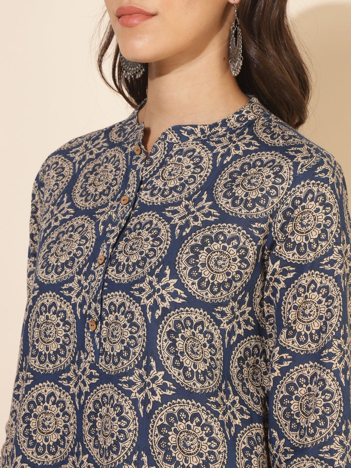 Blue Cotton Ethnic Motifs Tunic with Palazzo  - By Janasya